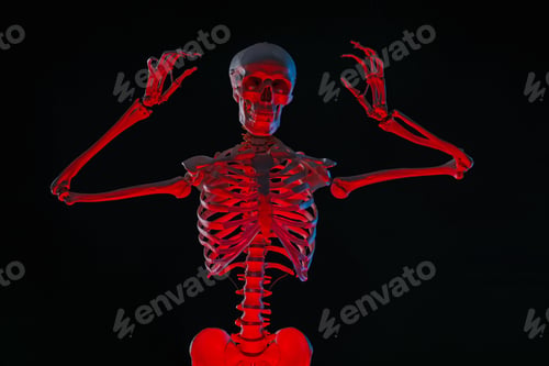 Preview: Artificial human skeleton model on black background in neon lights