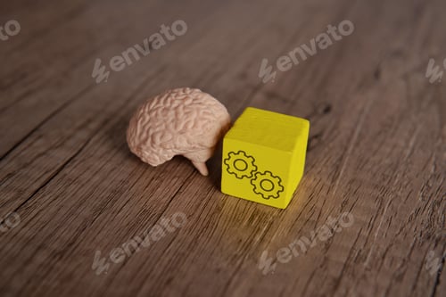 Preview: Human brain and wooden block with cogwheel icon.