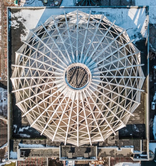 Preview: Ceiling dome with snow on top. Symmetrical view of dome. Cupola. Top view of the roof dome