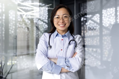 Preview: Portrait of a young beautiful and successful Asian woman inside a clinic office, a doctor smiling