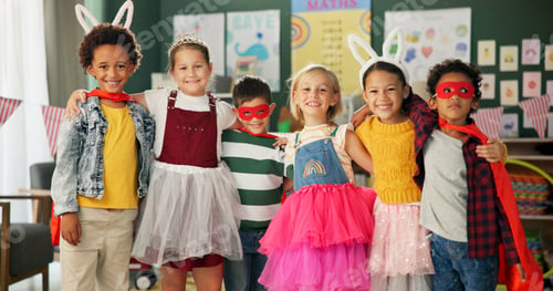 Preview: Happy kids, friends and hug with costume in class for dress up or casual day at school together. Po