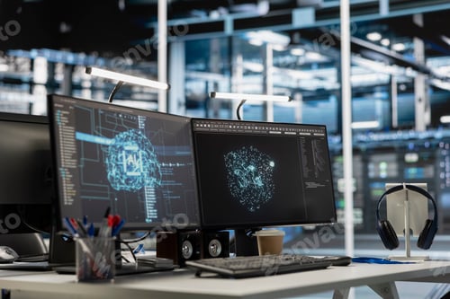 Preview: AI research workstation with monitors showing neural network visualizations