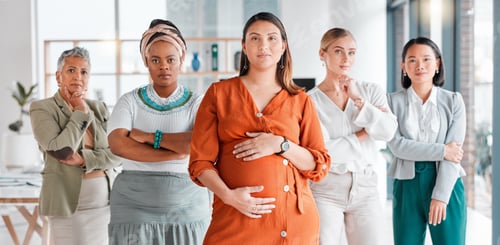 Preview: Portrait, pregnant and women in office, business and team with confidence, support and sisterhood.