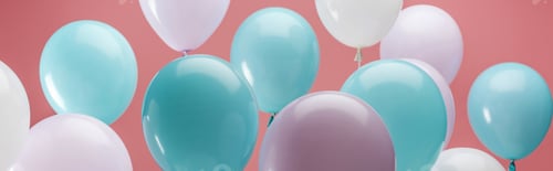 Preview: multicolored party decorative balloons on pink background, panoramic shot