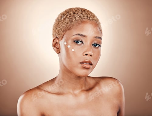 Preview: Black woman, face and portrait for beauty cream on a brown background for dermatology cosmetics. Ae
