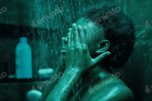 Visualização: Mulher tomando banho no banheiro escuro