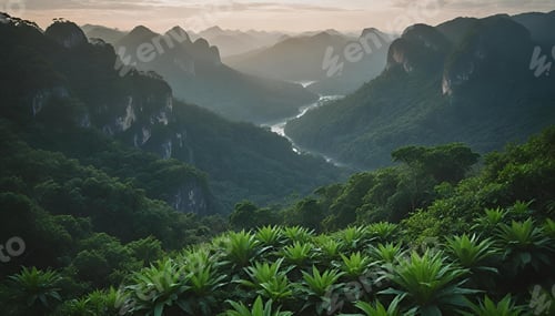 Preview: Cenic view of grassy mountains, river, and trees under cloudy sky