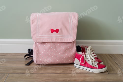 Preview: School backpack and sneakers on the floor in a home interior