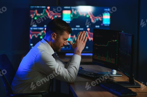 Preview: Tired overworked bearded man, crypto trader having headache, lost money