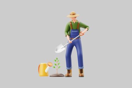 Visualização: Agricultor de desenhos animados plantando um ítem de árvore