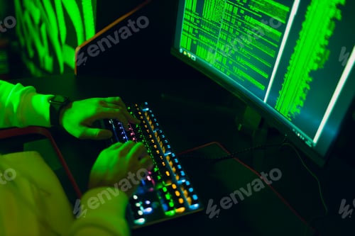 Preview: Hacker using computer malware software and hacking binary code digital interface.