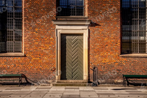 Preview: empty benches and building with large windows and closed door on street in copenhagen, denmark