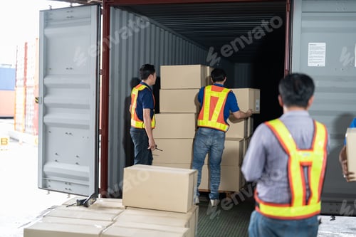Preview: Workers open steel 40 feet container doors carry box supervisor standing check paper checklist