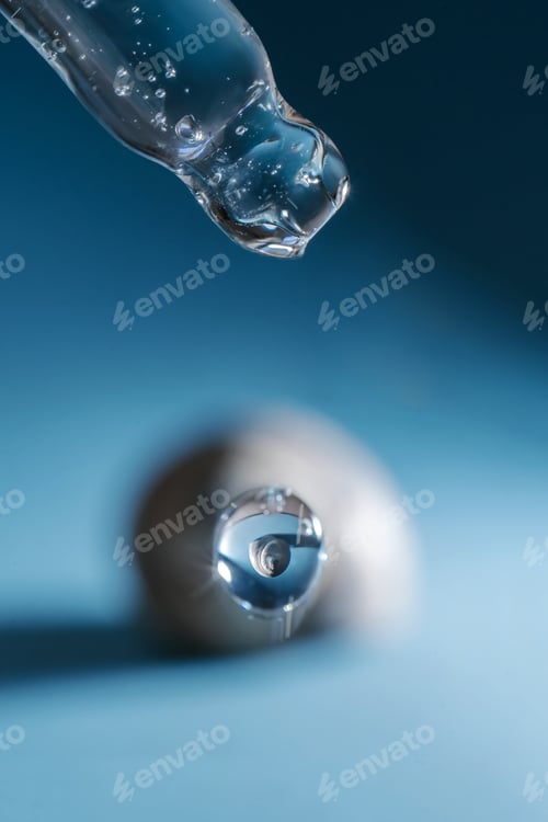 Preview: Pipette with transparent serum on the background of shells.