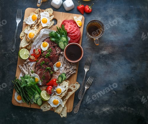 Preview: Cutting board with meat, eggs, vegetables, mushrooms, flat lay copy space.