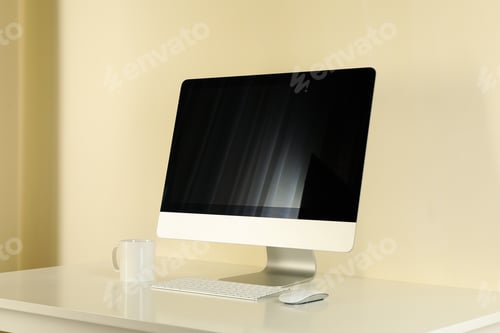 Preview: Minimalist workspace concept with desktop computer on beige background