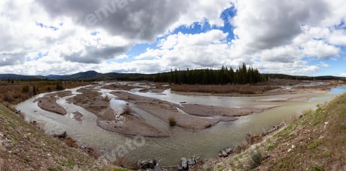 Preview: River, Trees, Land and Mountains in American Landscape. Spring Season