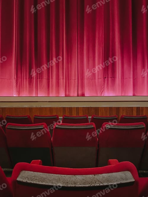 Preview: Vertical shot of red empty theatre seats in front of the stage