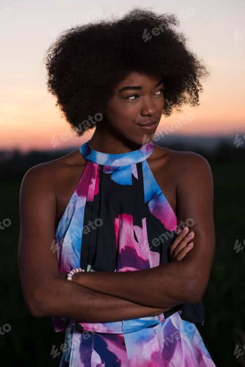 Preview: portrait of a young African-American woman in a summer dress