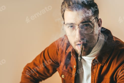 Preview: portrait of fashionable young man with cigar looking at camera isolated on beige