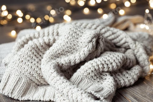 Preview: Knitted sweater close-up on blurred background with bokeh.