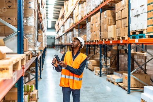 Preview: African worker scanning packages in storage room