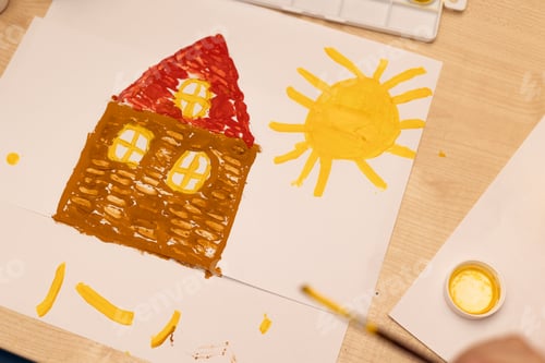 Preview: A small child under 10 years old draws a picture on a sheet of paints with a brush and an eraser.