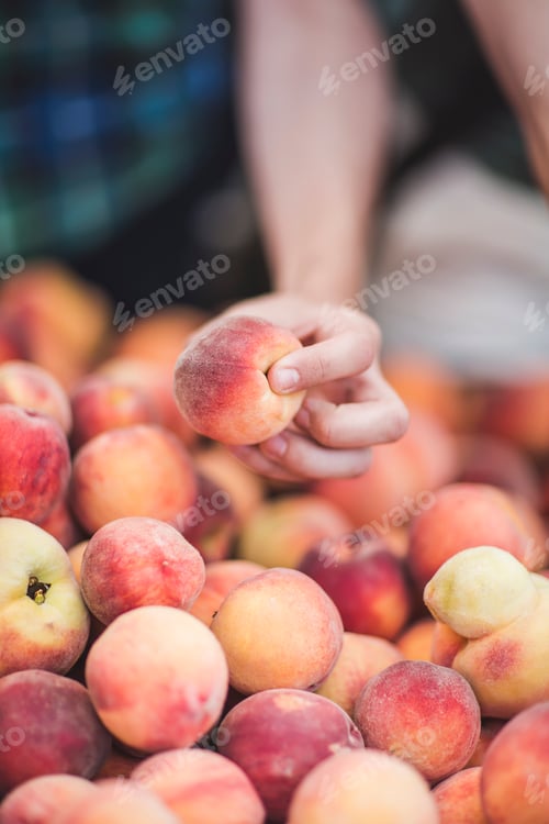 Preview: Hand picking a ripe peach from a colorful fruit stand