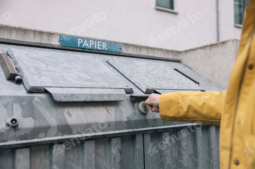 Preview: Person opening paper recycling bin in urban environment