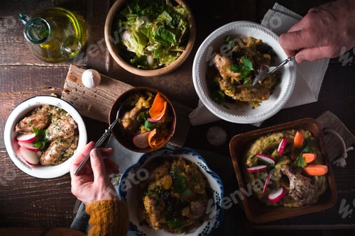 Preview: Festive table with Salad and pilaf top view