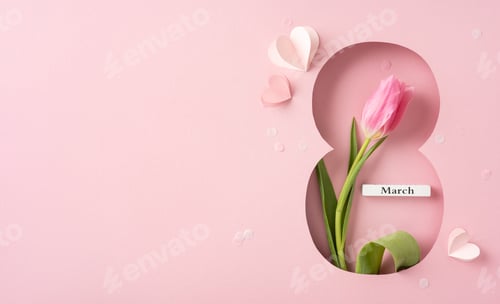Preview: A pink tulip and paper hearts arranged stylishly on a pink background