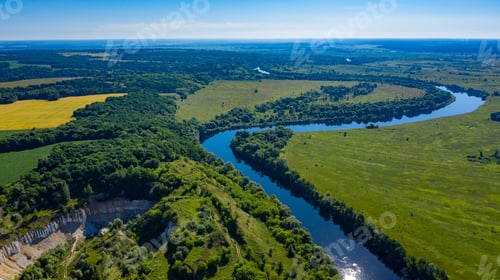 Preview: Aerial view of a beautiful summer landscape over river.