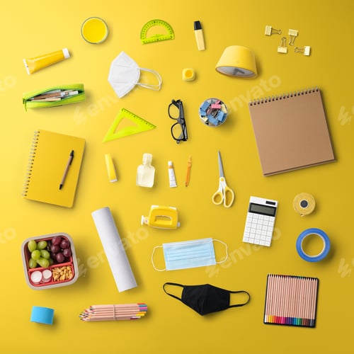 Preview: Flat lay top view of face mask and school supplies, back to school and coronavirus concept