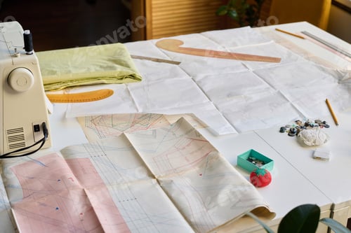 Preview: Close Up Clothing Patterns On Table in Atelier