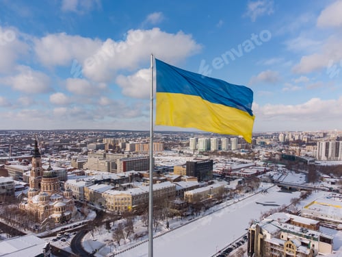 Preview: Ukrainian flag in the wind. Blue Yellow flag in the city of Kharkov