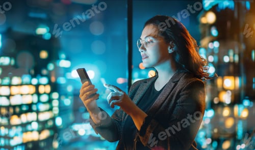 Preview: businesswoman using phone near window