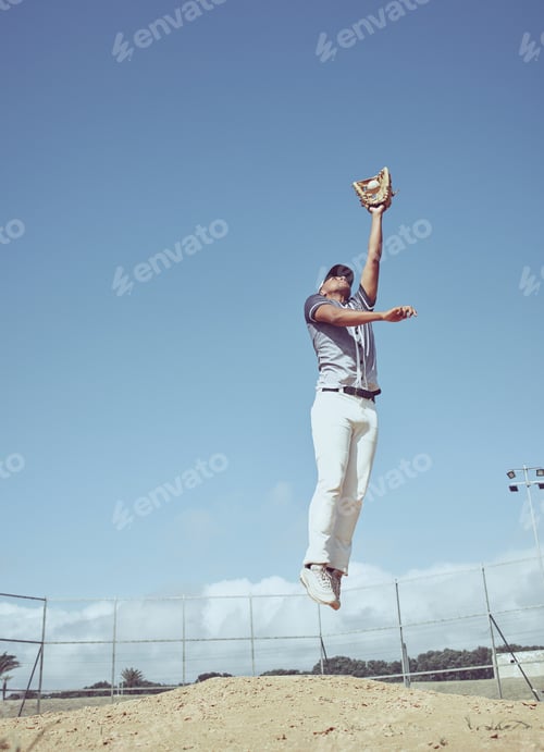 Preview: Baseball, athlete jump and sports game, man and fitness on baseball field with exercise, play and p