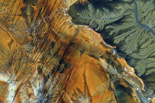 Preview: Abstract natural colorful patterns of acid mine drainage in decanting lake aerial view