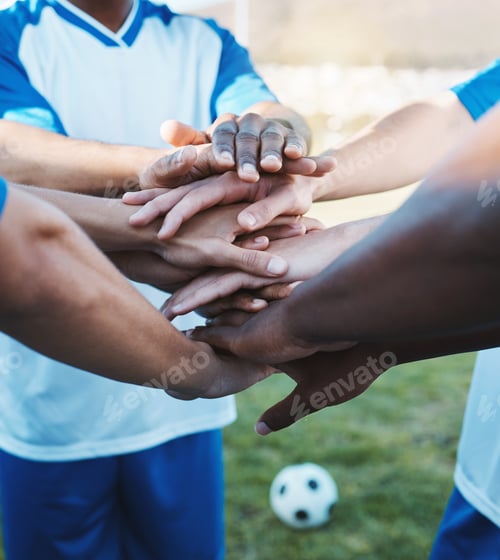 Preview: Hands stacked, sports and men on a soccer field for support, motivation and team spirit. Goal, trai