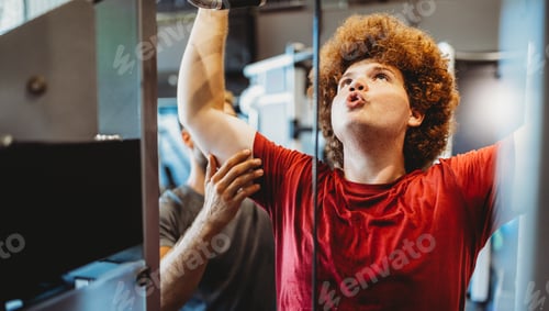 Preview: Overweight young man exercising in gym to achieve goals