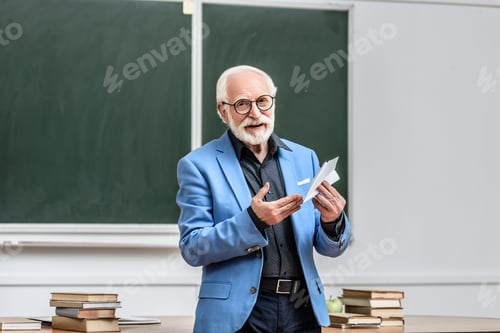 Preview: smiling grey hair professor holding paper plane in lecture hall