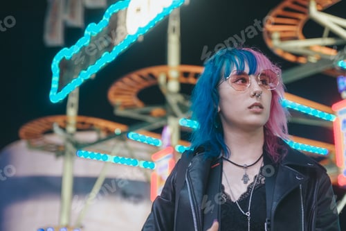Preview: Beautiful young female with sunglasses and a leather jacket in front of illuminated amusement park