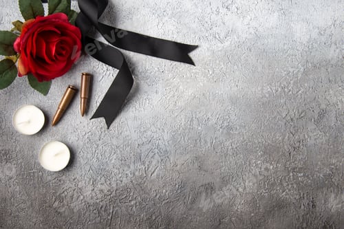 Preview: top view of brown bullets with red flower on white background soldier tank war