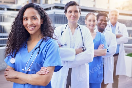 Preview: Medical, doctor and nurse in portrait with arms crossed for healthcare, collaboration and service a
