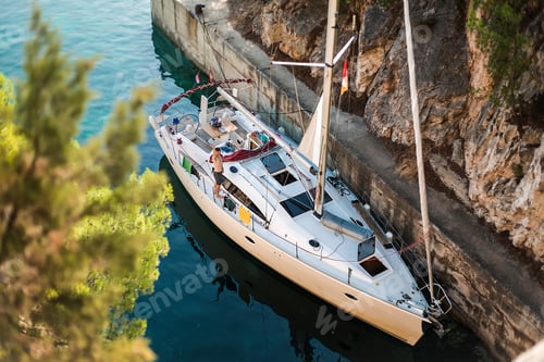 Preview: High angle portrait of man waving from yacht, Croatia