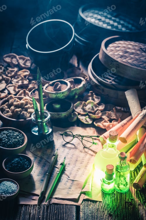 Preview: Unique research laboratory with recipe and old scrolls.