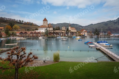 Preview: Spiez Marina at Lake Thun and Spiez Skyline with Spiez Castle and Castle Church - Spiez, Switzerland