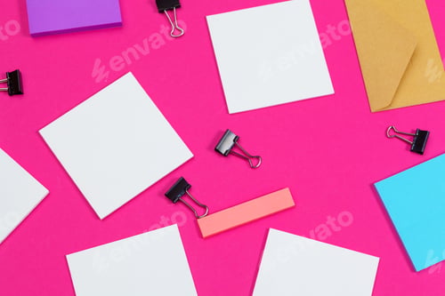 Preview: mock up concept. cards Papers on pink background. Top view, flat lay, copy space