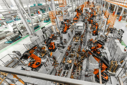 Preview: Photo of automobile production line. Welding car body. Modern car assembly plant. Top view