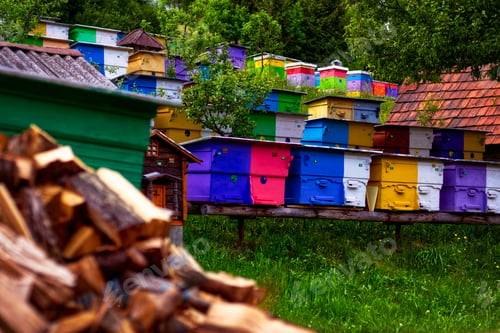 Preview: Rows of colorful beehives in a village, beekeeping industry in Ukraine
